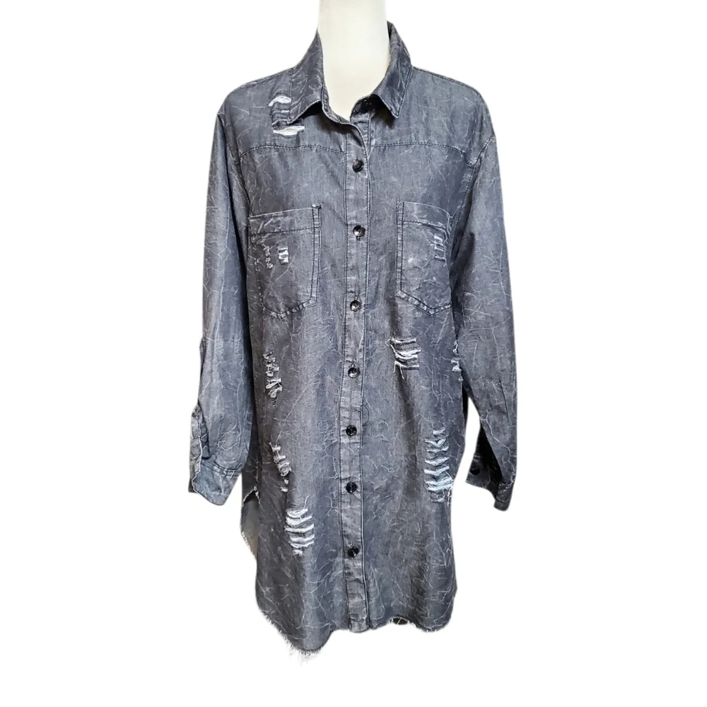 Thrill Jeans Distressed Shirt Women's Size 2X Black Dark Wash Hi Low Raw Hem - Picture 2 of 13